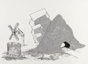 winmill and pile pen and ink drawing on paper