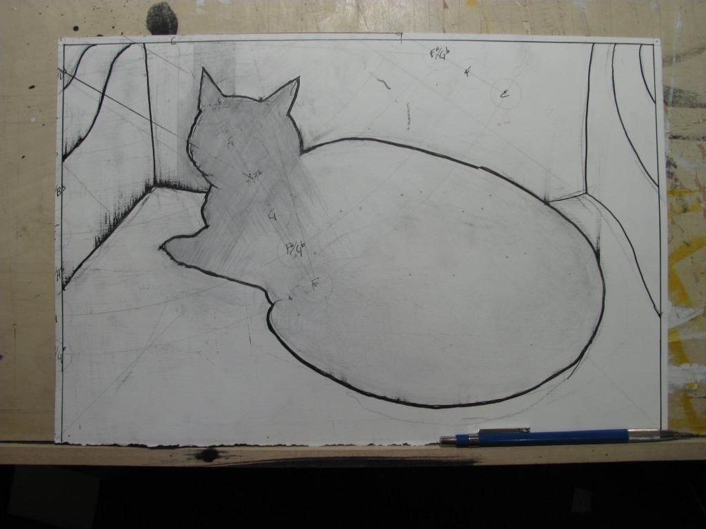 Drawing of the contour of a cat curled up on a couch. This drawing is void of color and done with black ink on white paper. All values were created with silver point. The cat is named Gertie and is one of four cats the artist lives with in Vermont. This drawing was made with ink, silver point on paper primed with vinyl. For more descriptive detail, please email the artist at email@jeremyvaughn.com