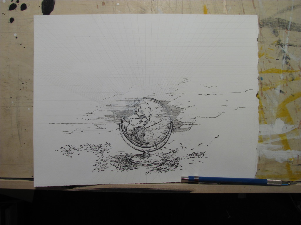 Drawing of a model or the Earth or globe in reverse with atmosphere obfuscating portions of it. This drawing was made with ink, silver point on paper primed with vinyl. For more descriptive detail, please email the artist at email@jeremyvaughn.com
