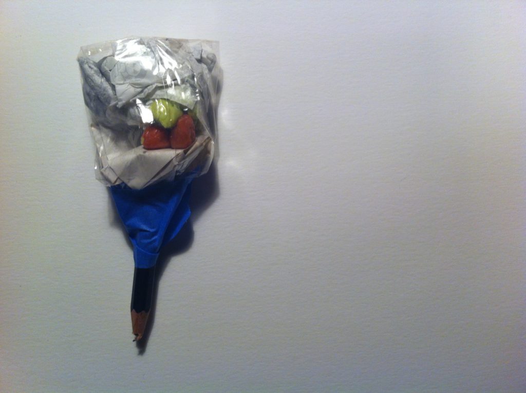The Pencil - broken pencil, cellophane, chewed gum and wrappers, blue tape and misc detritus 2016