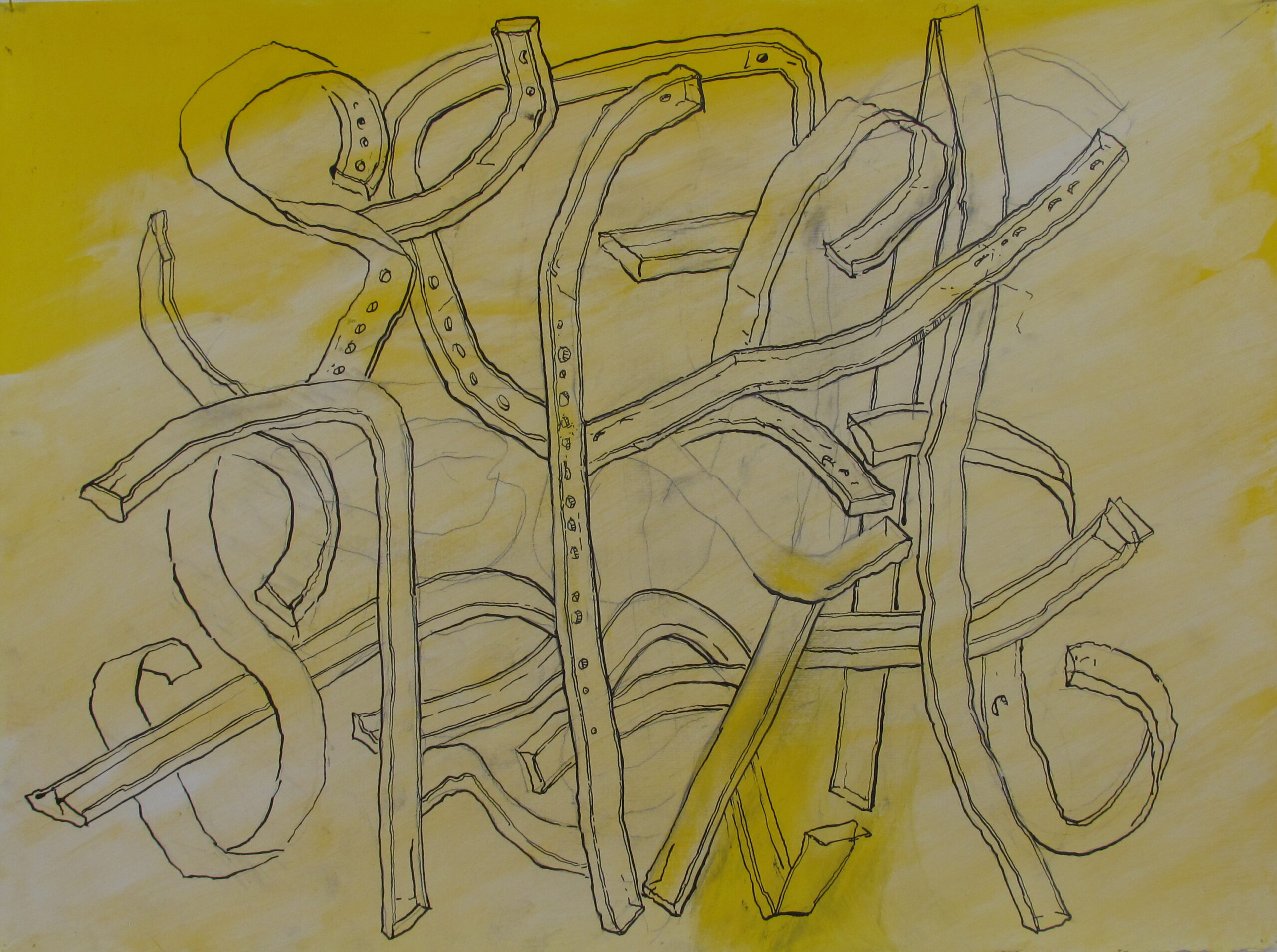 Unknown Text - ink, graphite, yellow vinyl on printmaking paper 2021